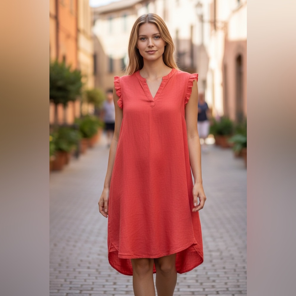 Coral Sleeveless Lien Dress